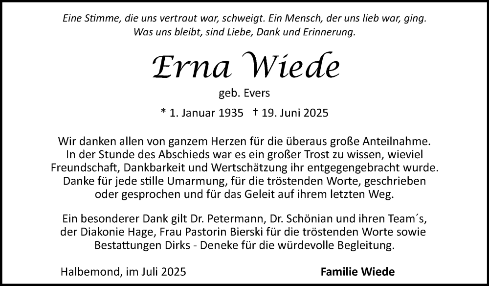  Traueranzeige für Erna Wiede vom 26.07.2025 aus Ostfriesischer Kurier