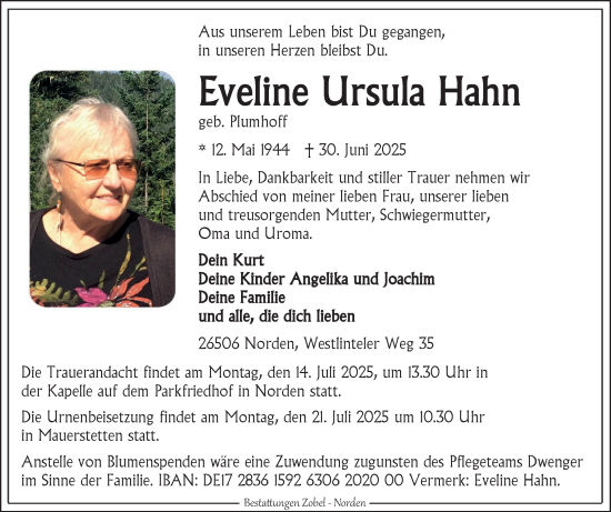 Traueranzeige von Eveline Ursula Hahn von Ostfriesischer Kurier