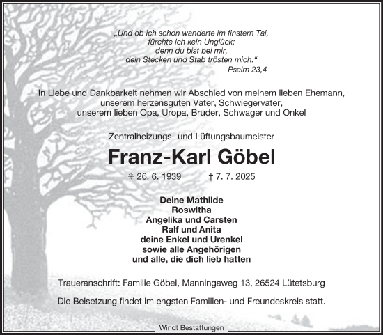 Traueranzeige von Franz-Karl Göbel von Ostfriesischer Kurier