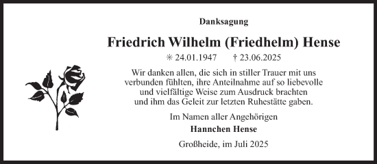 Traueranzeige von Friedrich Wilhelm Hense von Ostfriesischer Kurier