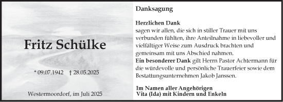 Traueranzeige von Fritz Schülke von Ostfriesischer Kurier
