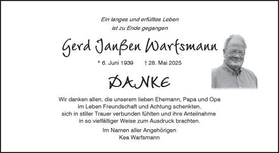 Traueranzeige von Gerd Janßen Warfsmann von Ostfriesischer Kurier