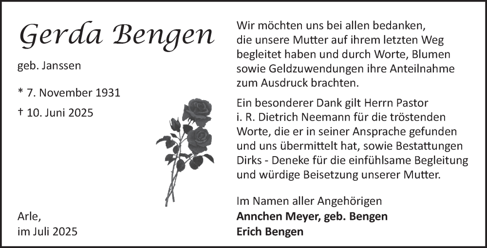  Traueranzeige für Gerda Bengen vom 26.07.2025 aus Ostfriesischer Kurier