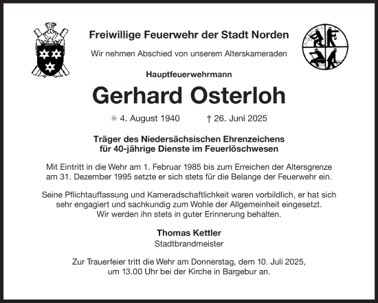 Traueranzeige von Gerhard Osterloh von Ostfriesischer Kurier