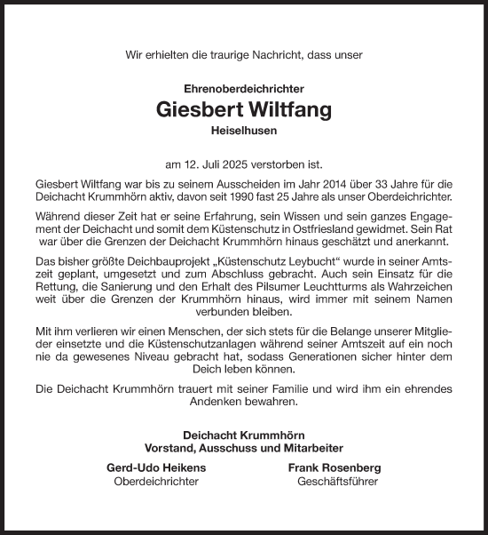 Traueranzeige von Giesbert Wiltfang von Ostfriesischer Kurier