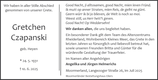 Traueranzeige von Grete Czapanski von Ostfriesischer Kurier
