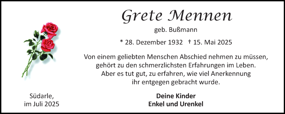  Traueranzeige für Grete Mennen vom 05.07.2025 aus Ostfriesischer Kurier