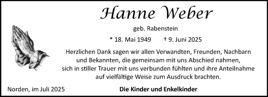 Traueranzeige von Hanne Weber von Ostfriesischer Kurier