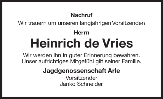 Traueranzeige von Heinrich de Vries von Ostfriesischer Kurier