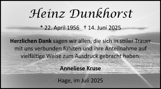 Traueranzeige von Heinz Dunkhorst von Ostfriesischer Kurier