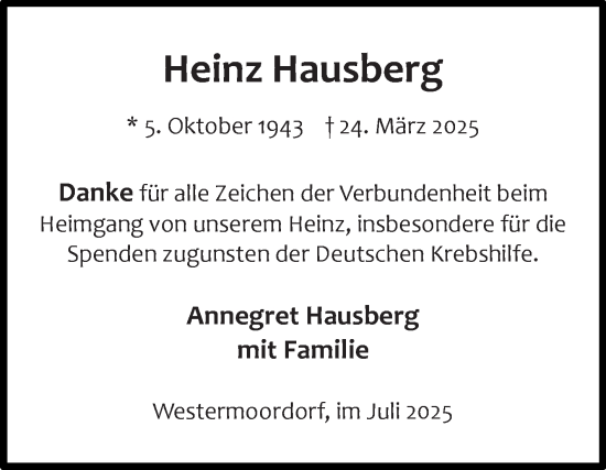 Traueranzeige von Heinz Hausberg von Ostfriesischer Kurier