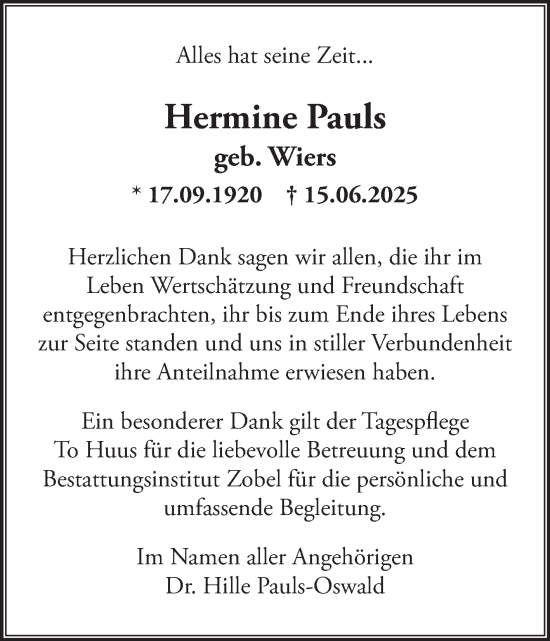 Traueranzeige von Hermine Pauls von Ostfriesischer Kurier