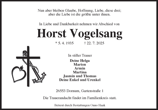 Traueranzeige von Horst Vogelsang von Ostfriesischer Kurier