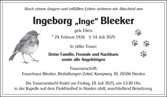 Traueranzeige von Ingeborg Bleeker von Ostfriesischer Kurier