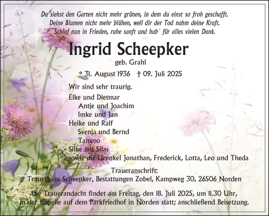 Traueranzeige von Ingrid Scheepker von Ostfriesischer Kurier