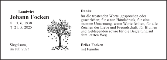 Traueranzeige von Johann Focken von Ostfriesischer Kurier