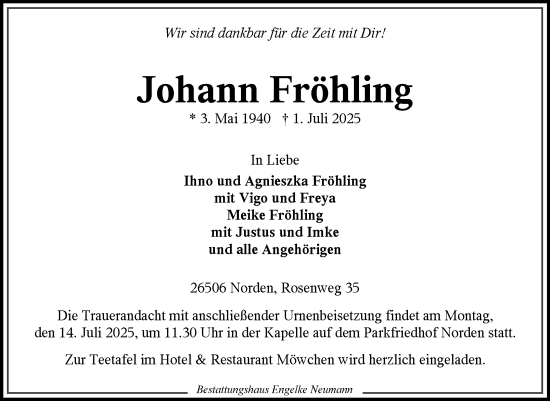 Traueranzeige von Johann Fröhling von Ostfriesischer Kurier