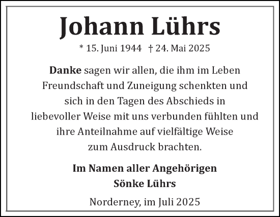 Traueranzeige von Johann Lührs von Ostfriesischer Kurier