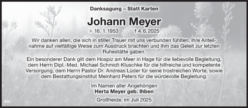  Traueranzeige für Johann Meyer vom 12.07.2025 aus Ostfriesischer Kurier