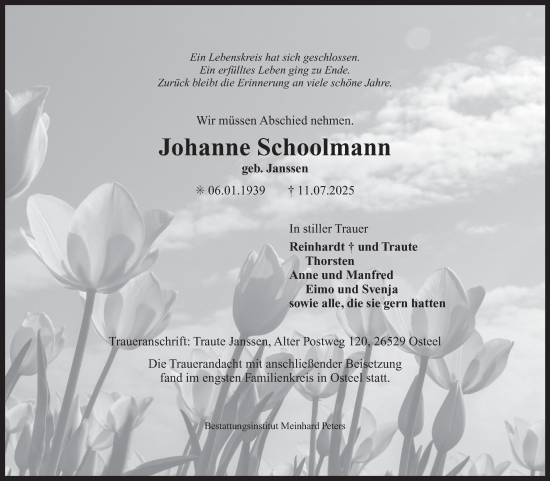 Traueranzeige von Johanne Schoolmann von Ostfriesischer Kurier