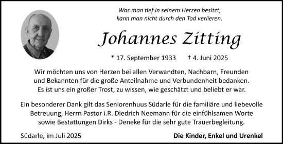 Traueranzeige von Johannes Zitting von Ostfriesischer Kurier