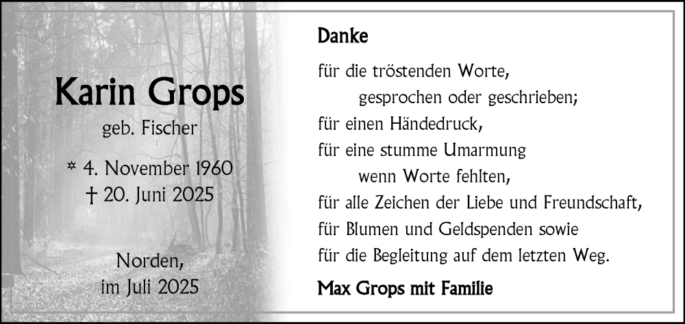  Traueranzeige für Karin Grops vom 19.07.2025 aus Ostfriesischer Kurier