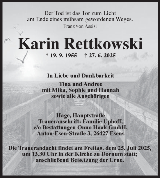 Traueranzeige von Karin Rettkowski von Ostfriesischer Kurier