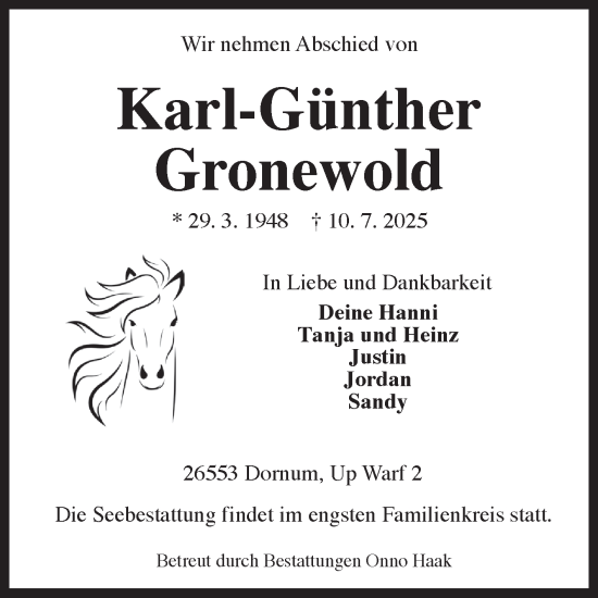 Traueranzeige von Karl-Günther Gronewold von Ostfriesischer Kurier
