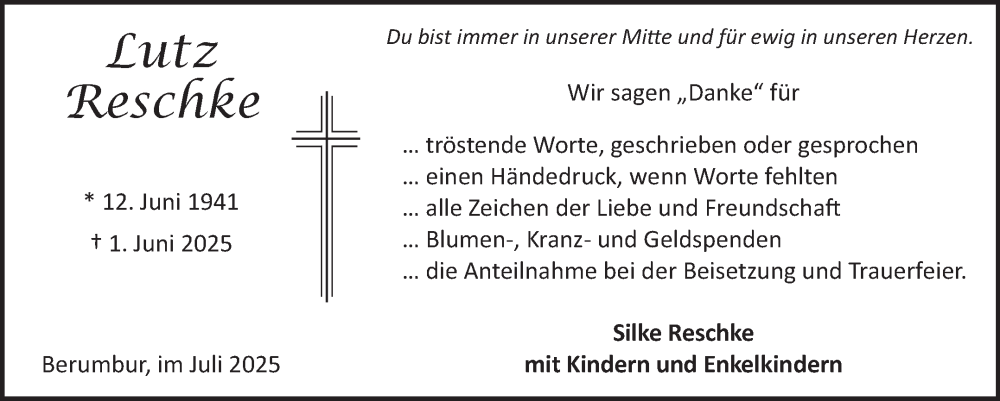  Traueranzeige für Lutz Reschke vom 05.07.2025 aus Ostfriesischer Kurier