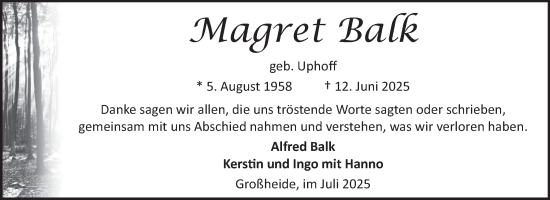 Traueranzeige von Magret Balk von Ostfriesischer Kurier