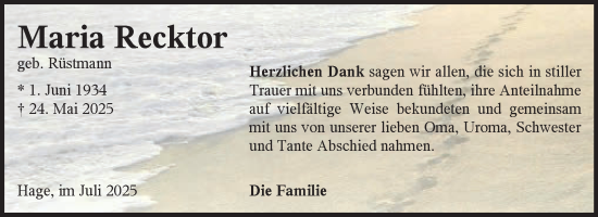 Traueranzeige von Maria Recktor von Ostfriesischer Kurier