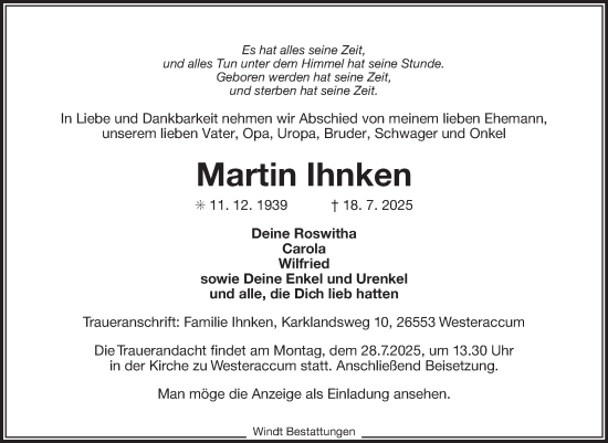 Traueranzeige von Martin Ihnken von Ostfriesischer Kurier