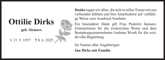 Traueranzeige von Ottilie Dirks von Ostfriesischer Kurier