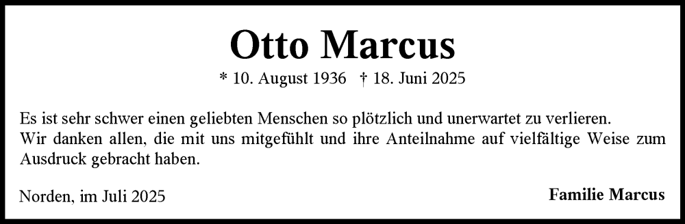  Traueranzeige für Otto Marcus vom 19.07.2025 aus Ostfriesischer Kurier
