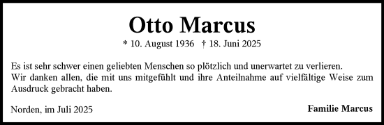 Traueranzeige von Otto Marcus von Ostfriesischer Kurier