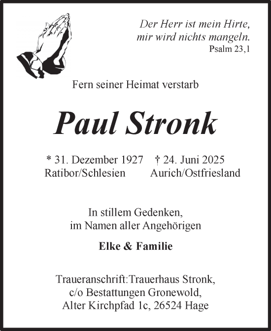 Traueranzeige von Paul Stronk von Ostfriesischer Kurier