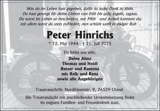 Traueranzeige von Peter Hinrichs von Ostfriesischer Kurier