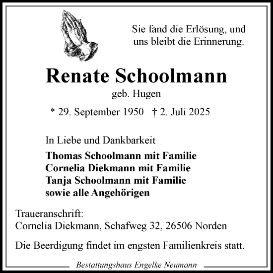 Traueranzeige von Renate Schoolmann von Ostfriesischer Kurier