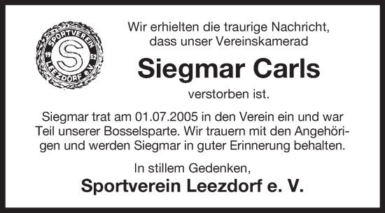 Traueranzeige von Siegmar Carls von Ostfriesischer Kurier