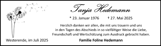 Traueranzeige von Tanja Hedemann von Ostfriesischer Kurier