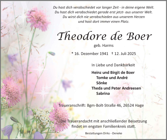 Traueranzeige von Theodore de Boer von Ostfriesischer Kurier
