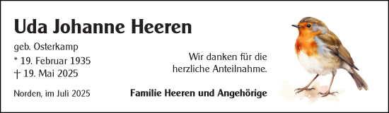 Traueranzeige von Uda Johanne Heeren von Ostfriesischer Kurier
