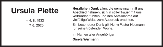 Traueranzeige von Ursula Plette von Ostfriesischer Kurier