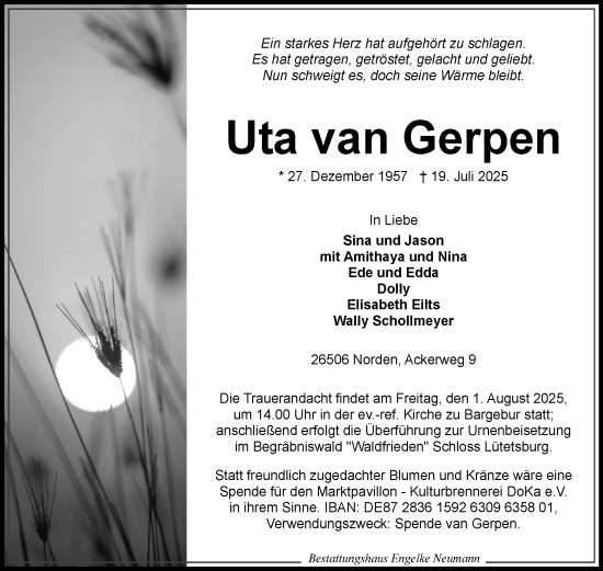 Traueranzeige von Uta van Gerpen von Ostfriesischer Kurier