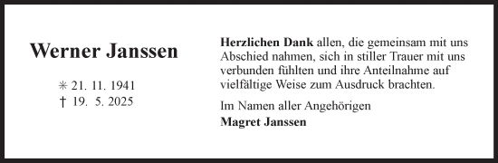 Traueranzeige von Werner Janssen von Ostfriesischer Kurier