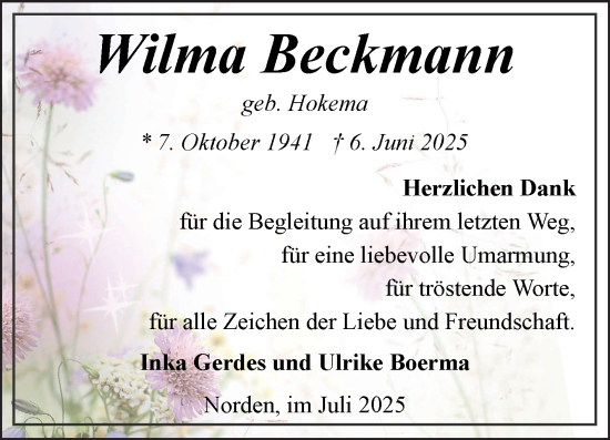 Traueranzeige von Wilma Beckmann von Ostfriesischer Kurier