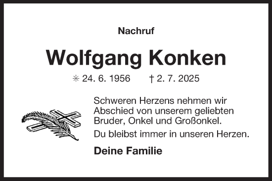 Traueranzeige von Wolfgang Konken von Ostfriesischer Kurier