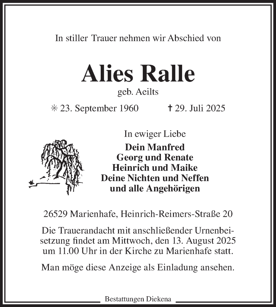  Traueranzeige für Alies Ralle vom 02.08.2025 aus Ostfriesischer Kurier
