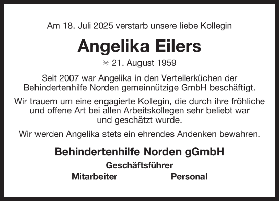 Traueranzeige von Angelika Eilers von Ostfriesischer Kurier