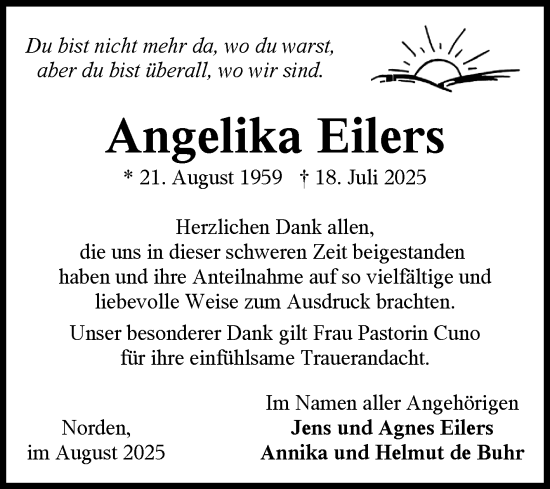 Traueranzeige von Angelika Eilers von Ostfriesischer Kurier